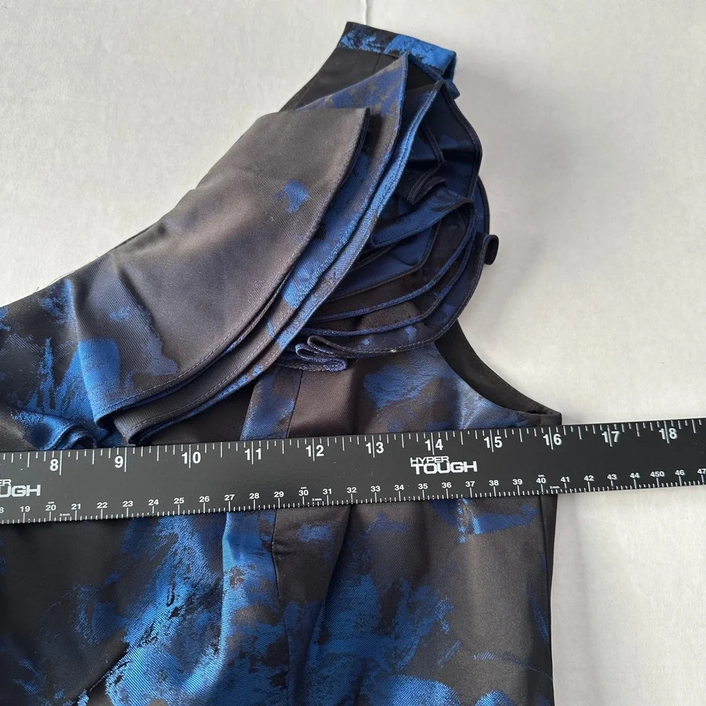 Teri Jon Rickie Freeman One Shoulder Blue Floral Jacquard Gown Dress Black 4
